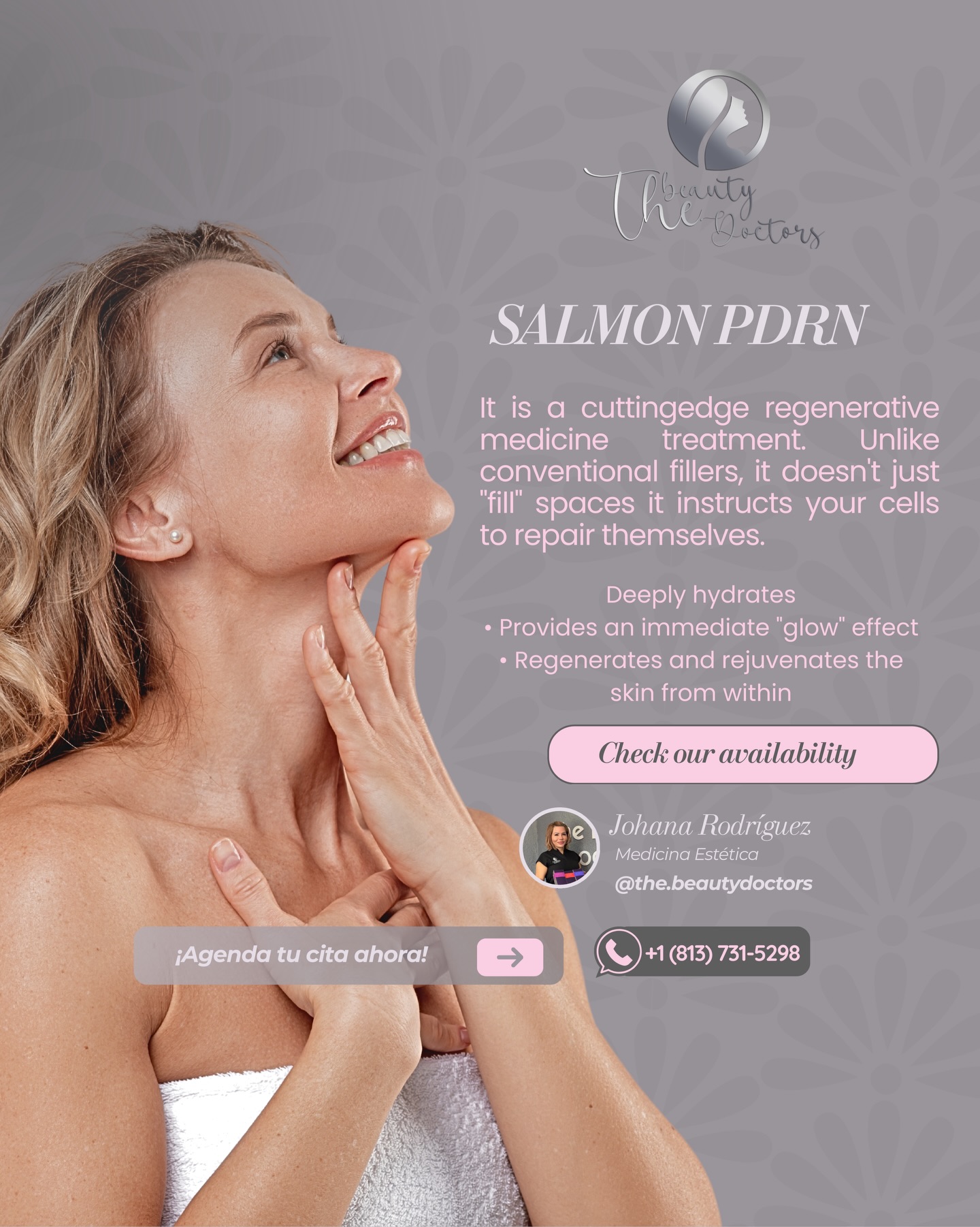 No es un relleno, es REGENERACIÓN pura. ✨¿Sabías que el Salmon PDRN no se limita a “rellenar” espacios? A diferencia de los fillers convencionales, este tratamiento de medicina regenerativa le da instrucciones directas a tus células para que se reparen a sí mismas. 🧬Es como darle un “reinicio” a tu piel desde el interior.
Lo que vas a notar:
💧 Hidratación profunda y duradera.
🌟 Un efecto “glow” inmediato y natural.
activación celular para una piel más joven y firme.¡Deja que tu propia piel haga el trabajo!📲 Haz clic en el link de nuestra biografía o escribe al +1 (813) 731-5298 para agendar tu cita.#facial #pdrn #florida
